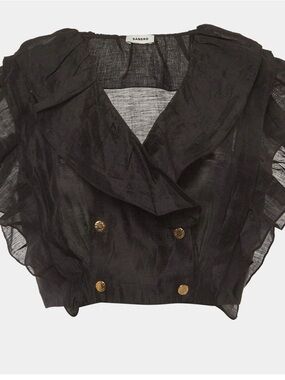 Sandro Black Sheer Linen blend Ruffle Double-Breasted Blouse with Gold Buttons